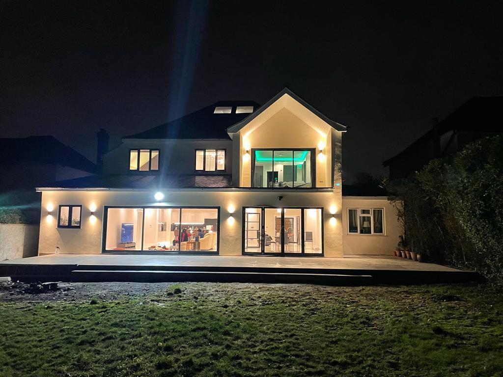 A completed private residence at dusk
